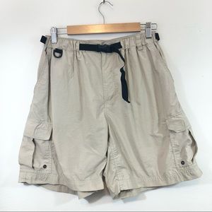 Vintage REI Beige Nylon Cargo Hiking Shorts w Plastic Buckle Belt Large
